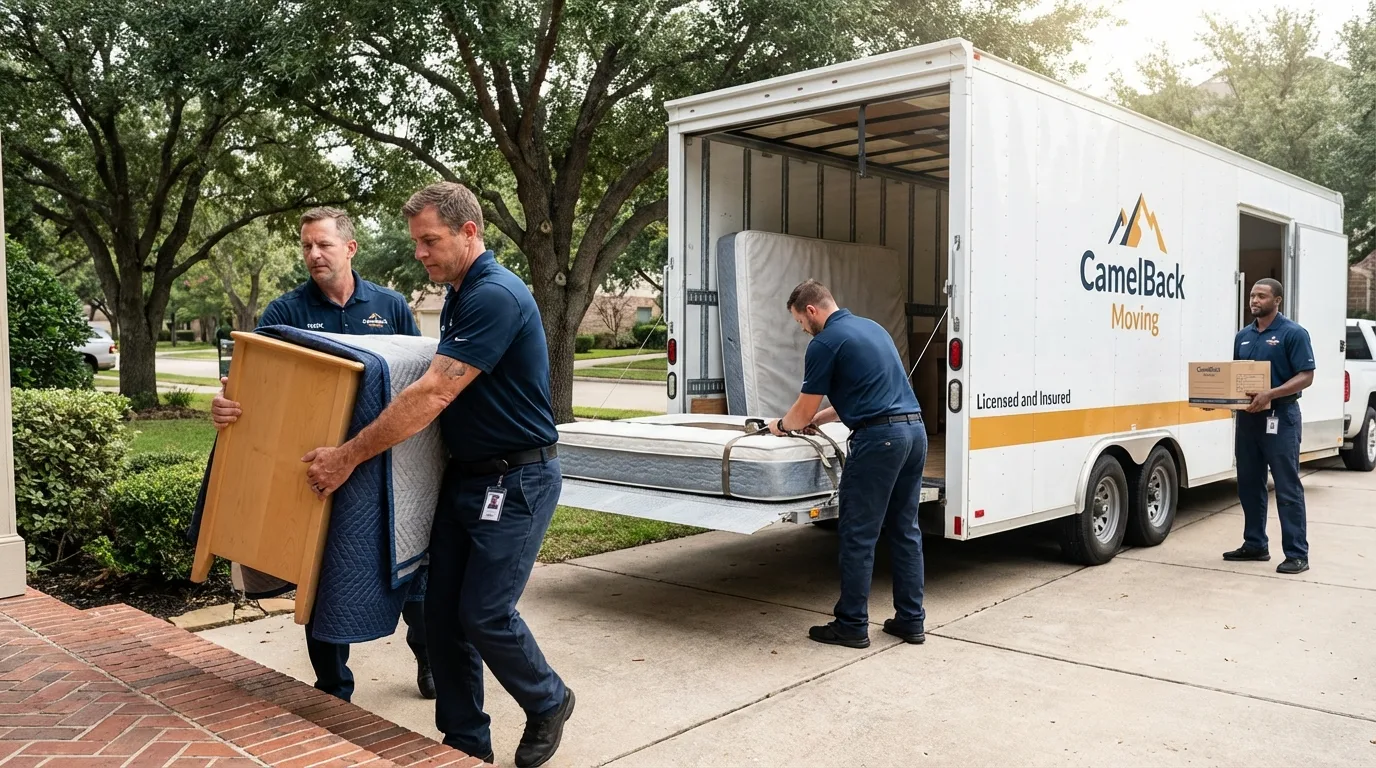 Crew loading residential truck for cross-state move from Homer, LA