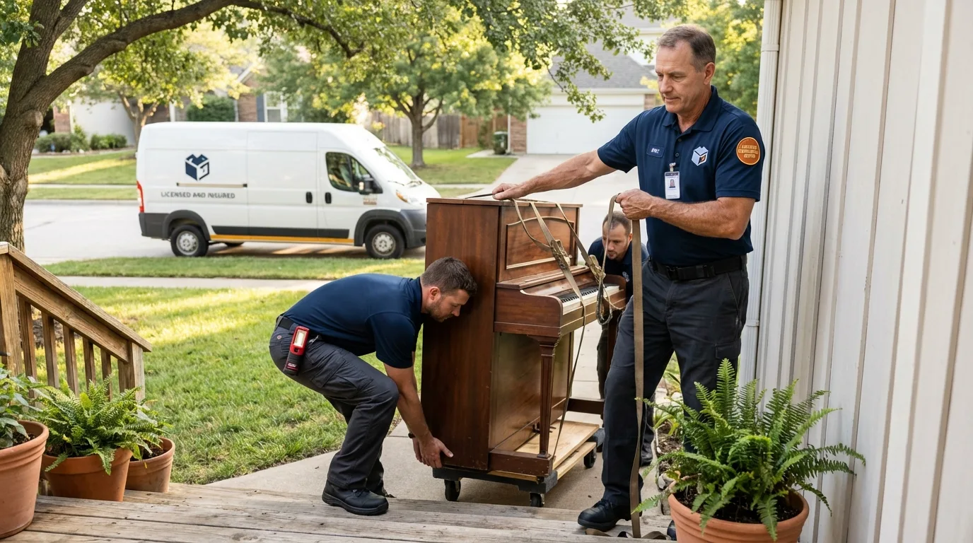 Licensed piano movers securing grand piano in Homer, LA