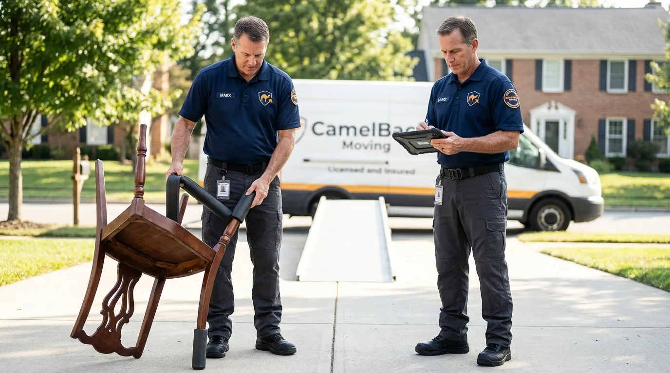 Movers inspecting furniture for damage prevention before loading in Homer, LA