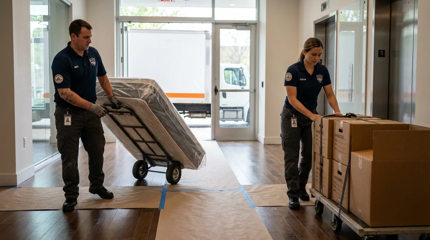 Professional apartment movers loading elevator in Homer, LA